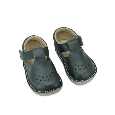 3. Pair of dark green Lusti leather kids' shoes by Omaking with breathable design, studio shot