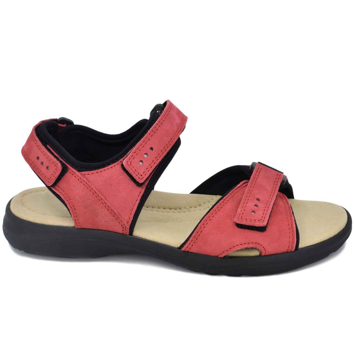 2. Side view of Omaking Liiva women's red leather sandals with microfiber insole and arch support