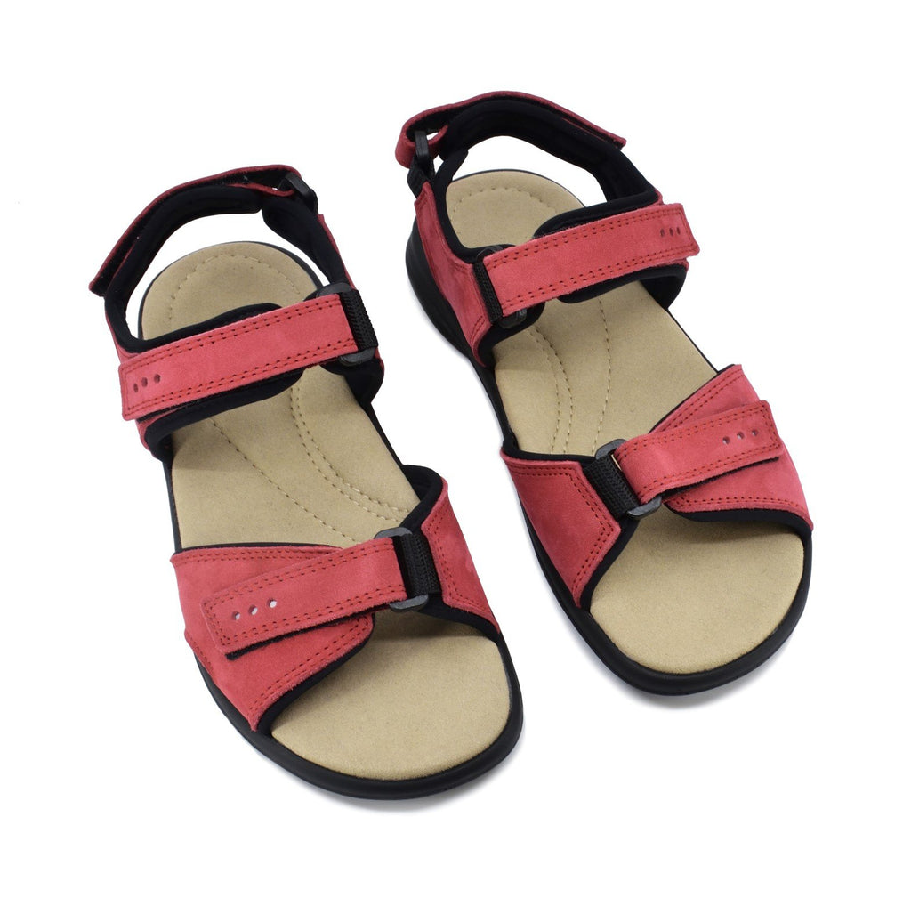 1. Women's red leather sandals by Omaking with adjustable Velcro straps, shown in studio setting
