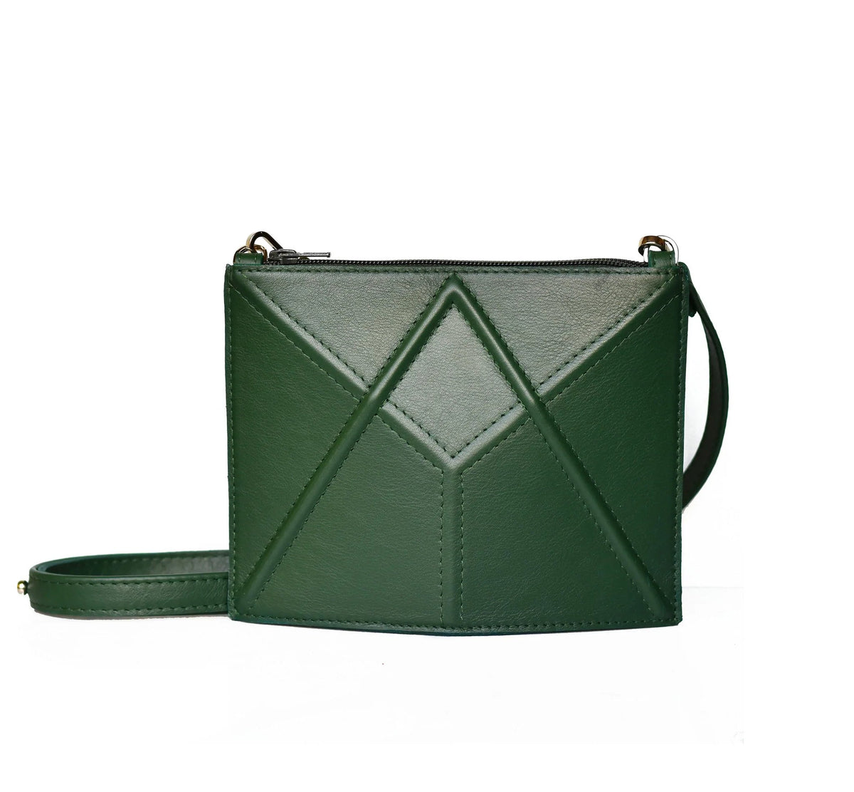 7. Studio shot of dark green FACET Mini leather bag by Gerda Retter Design with adjustable strap