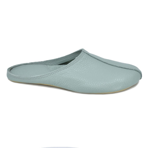 2. Studio shot of mint Sulbi slippers by Omaking, highlighting smooth leather upper and wide toe area