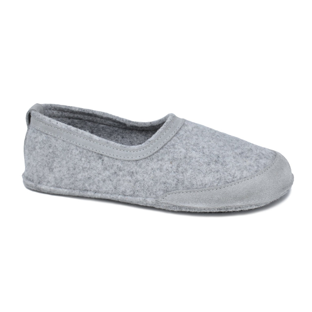 5. Side view of unisex gray felt barefoot indoor slipper by Omaking in studio setting