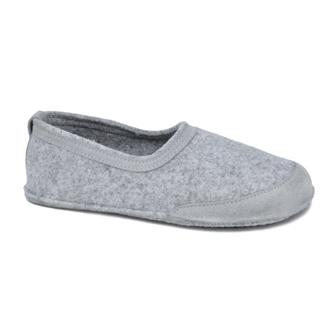 5. Side view of unisex gray felt barefoot indoor slipper by Omaking in studio setting