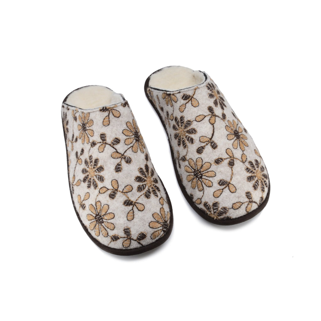 3. Pair of Jugu handmade slippers with floral design, featuring natural felt and wool lining, displayed in studio