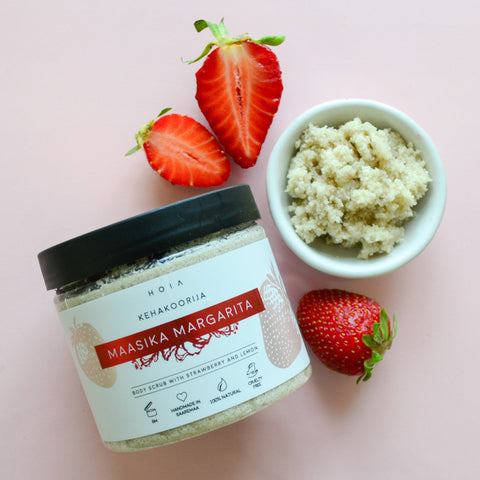 2. HOIA homespa body scrubs, Strawberry Margarita and Virgin Mojito, styled with fresh strawberries and limes