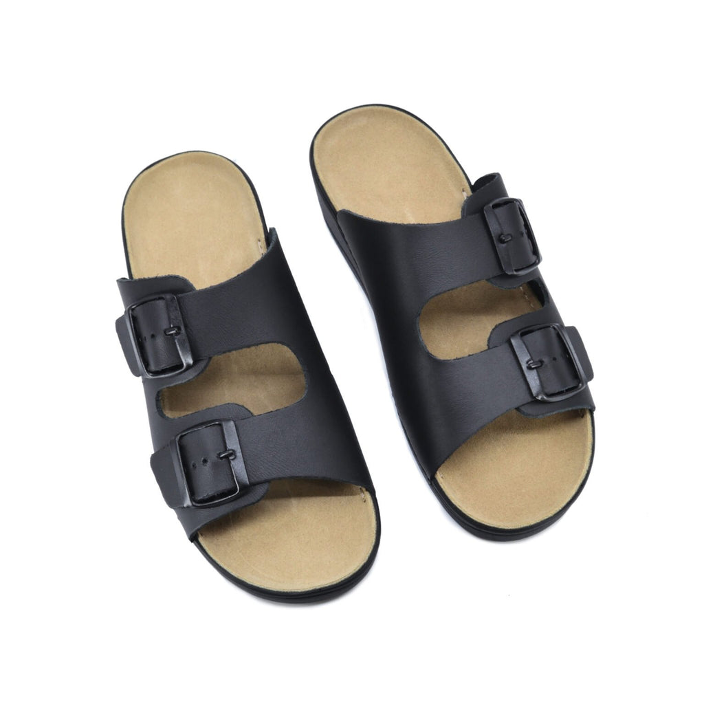 1. Women's Anne Healed Sandals in black leather with adjustable buckle closures, shown in flat lay