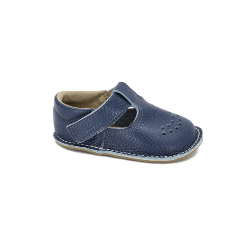 3. Side view of Omaking Lusti dark blue leather kids' shoe with adjustable Velcro fastener