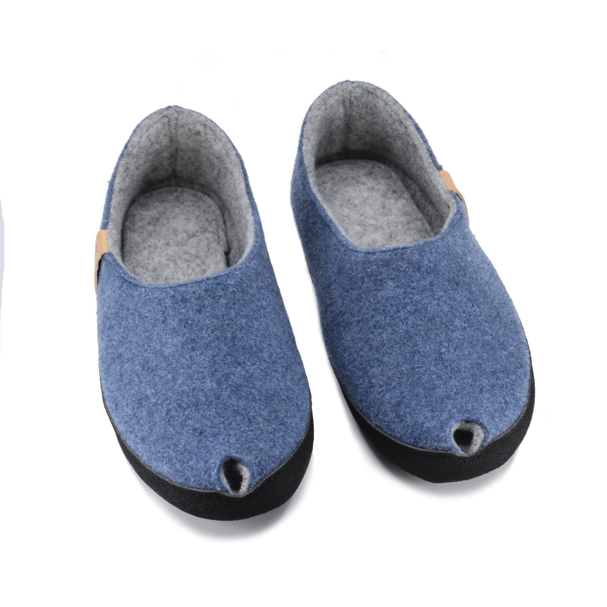 1. Omaking TOKU Budapest blue slippers with closed heel and toe, featuring peek-hole design and arch support, shown in studio