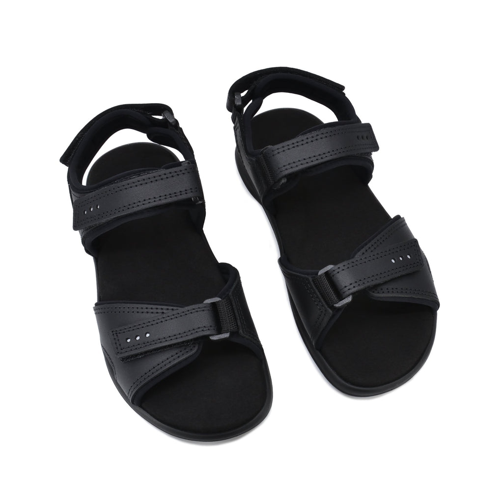 3. Top view of Omaking Liiva women's black leather sandals with adjustable Velcro straps