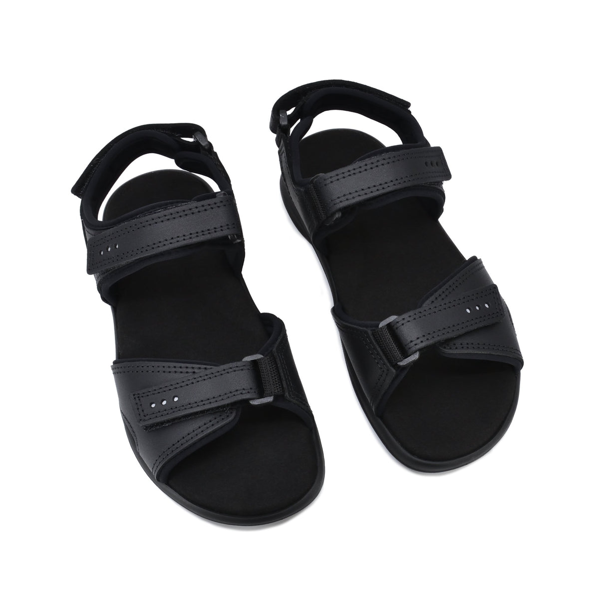 3. Top view of Omaking Liiva women's black leather sandals with adjustable Velcro straps