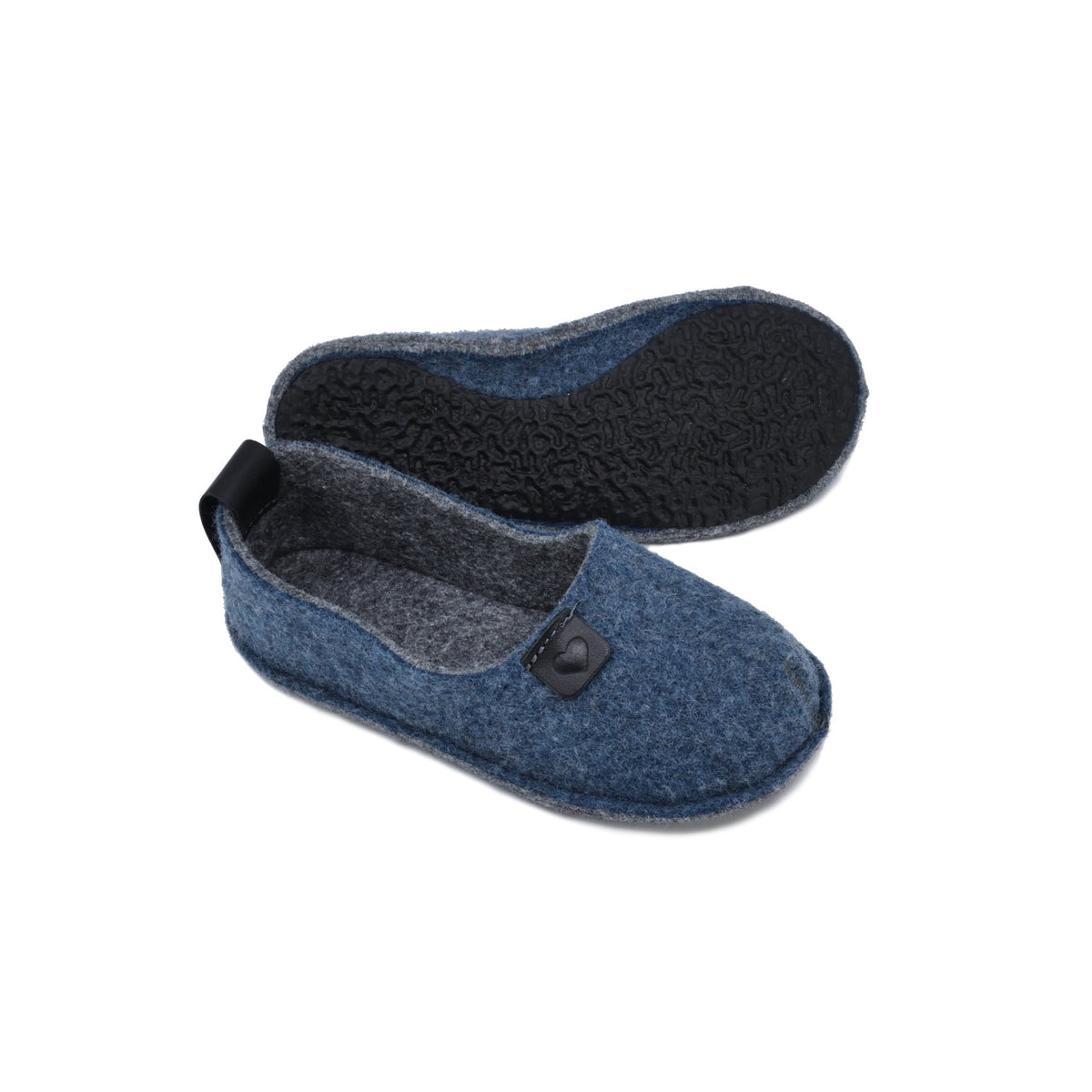 1. Öko-Toku children's slippers in blue, made from recycled plastic bottles, shown in studio with black rubber sole