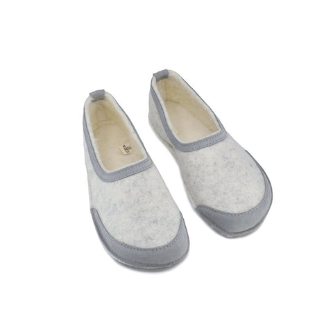 2. Pair of Omaking barefoot indoor slippers with natural felt upper and lambswool lining, top view
