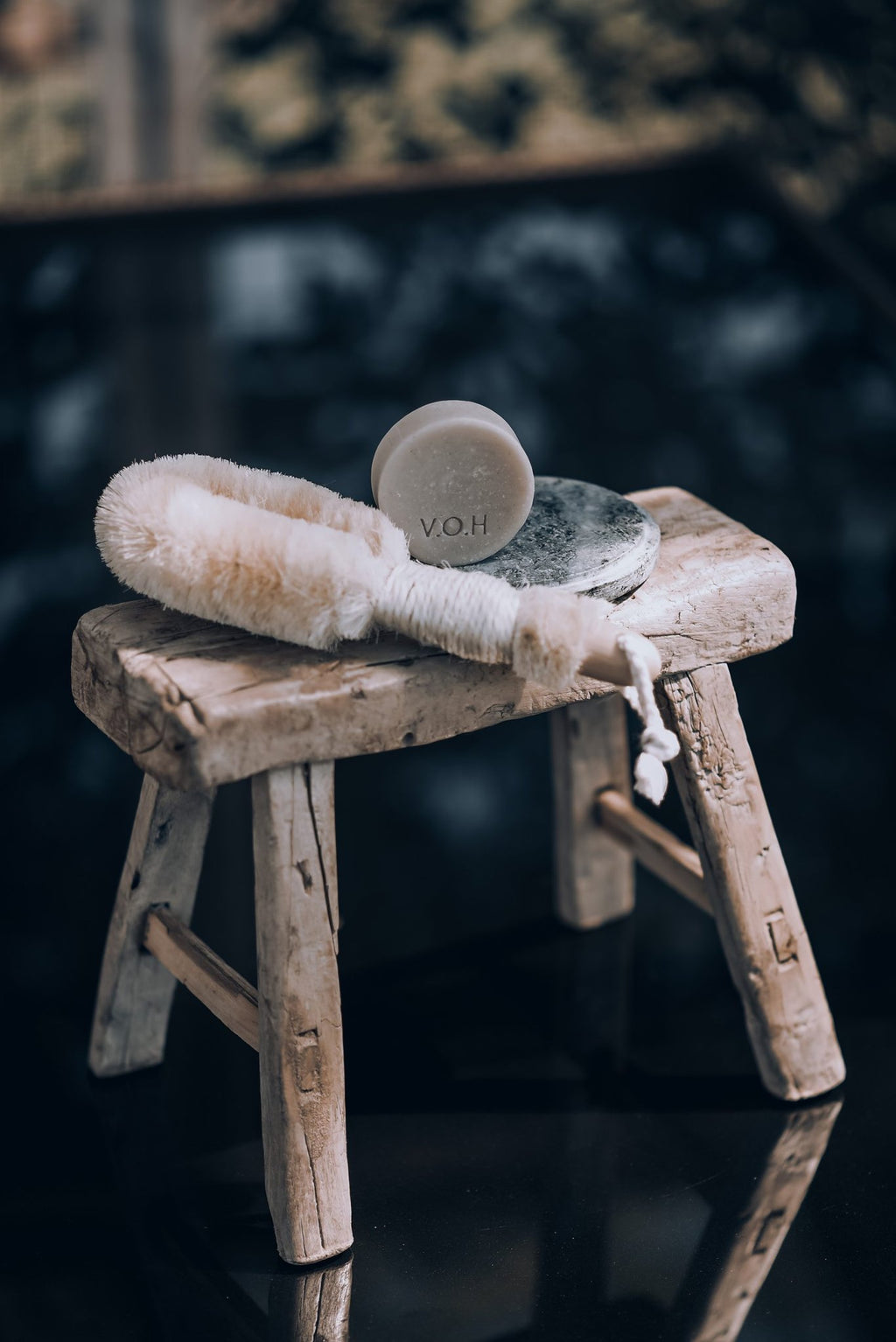 16. V.O.H solid beauty products on rustic stool with soap lather