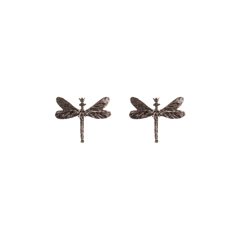 2. Pair of Tanel Veenre Dark Dragonfly earrings in rhodium-plated silver with detailed wings on white background