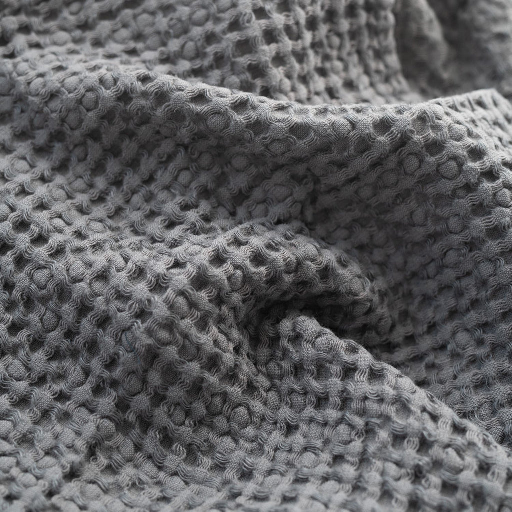 2. Close-up of dark grey honeycomb waffle towel fabric highlighting texture and weave