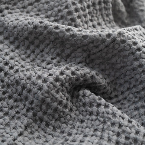 2. Close-up of dark grey honeycomb waffle towel fabric highlighting texture and weave