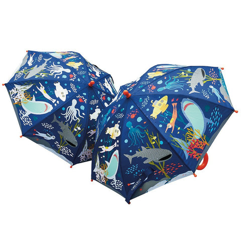 1. Children's blue umbrella with colorful underwater motifs including fish, sharks, and submarines, changes color in rain, features Velcro fastener, suitable for ages 3+