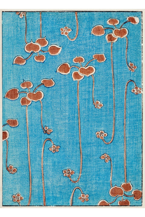 4. Close-up of Watanabe Seitei's vine illustration on 'Bijutsu Sekai' t-shirt, blue and orange design