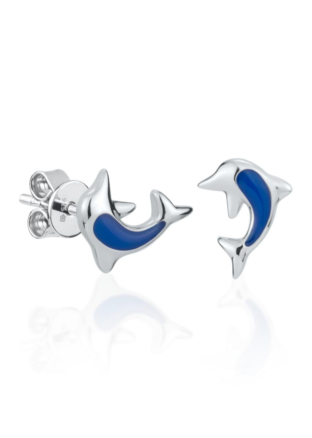 2. Dondella dolphin earrings for kids in studio, featuring blue enamel and sterling silver rhodium-plated finish