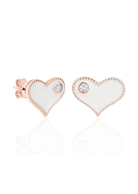 2. Dondella white heart earrings with zircon stones in studio setting, highlighting gold-plated 925 sterling silver and enamel finish