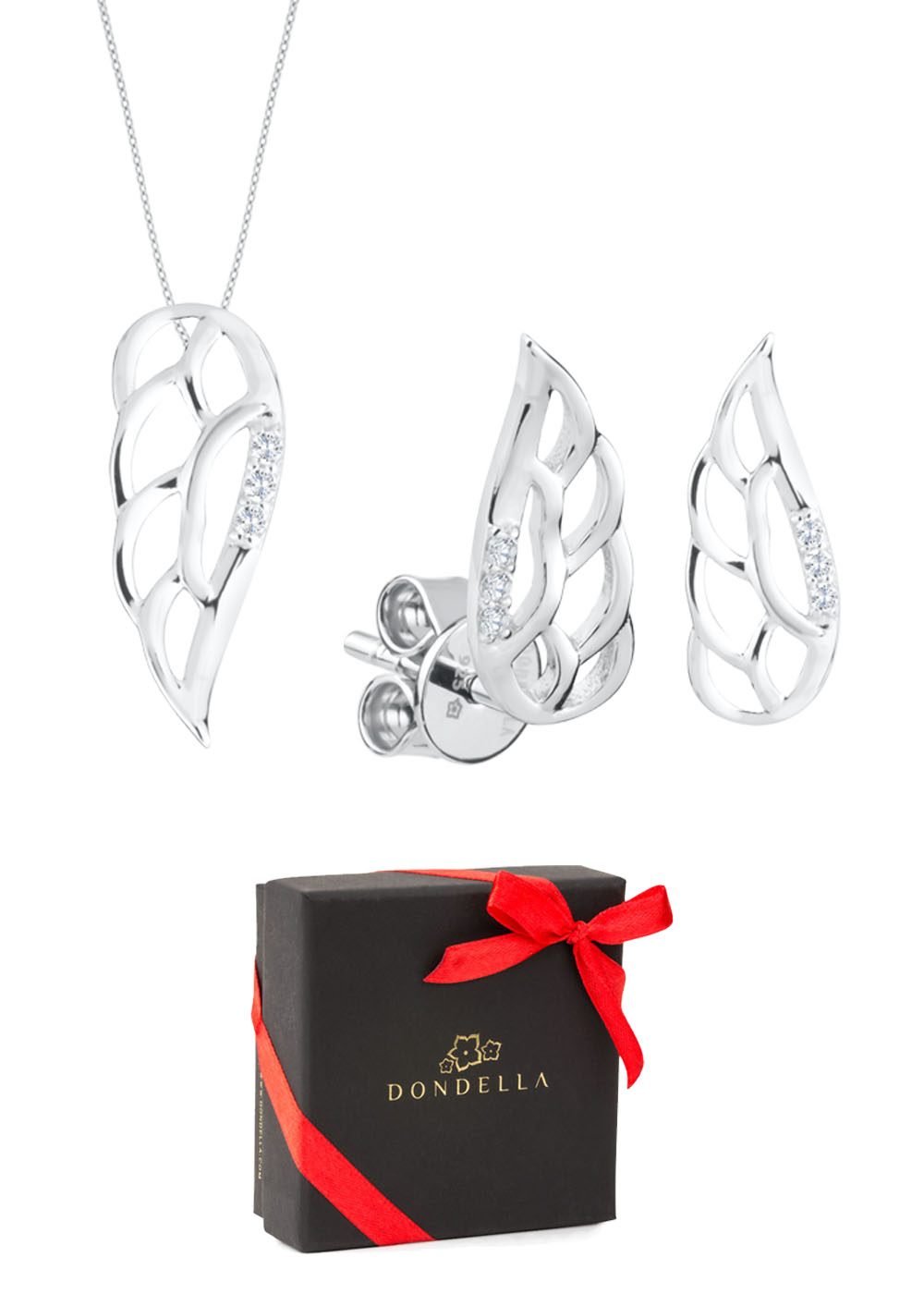 3. Dondella Jewellery Gift Set Wings for kids featuring earrings, pendant, and necklace in rhodium plated sterling silver with zircon stones, shown with branded gift box