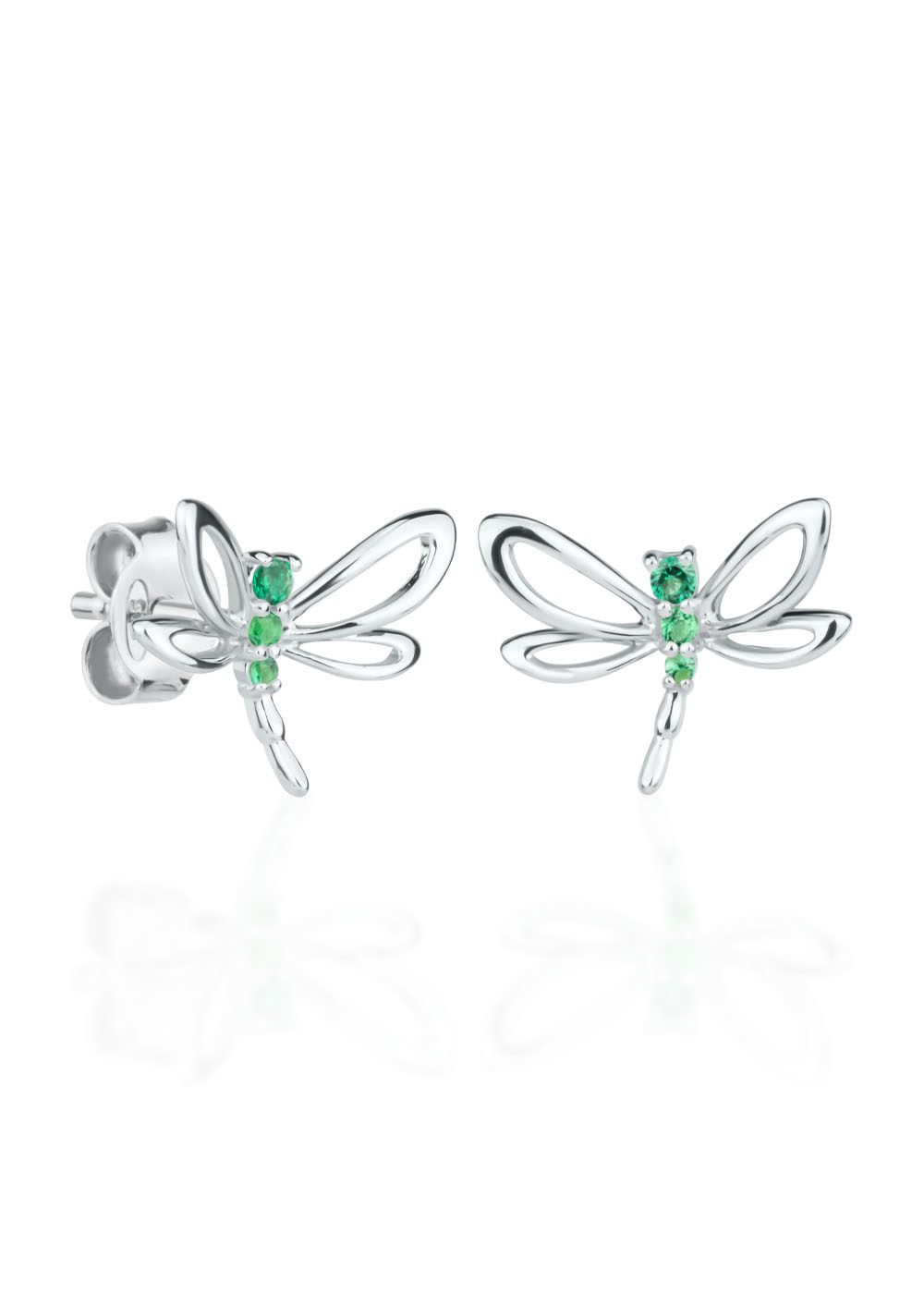 1. Kids' Emerald Dragonfly earrings by Dondella in sterling silver with emerald opal nanocrystals, shown in studio setting