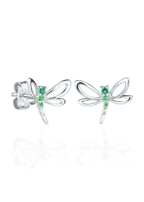 1. Kids' Emerald Dragonfly earrings by Dondella in sterling silver with emerald opal nanocrystals, shown in studio setting