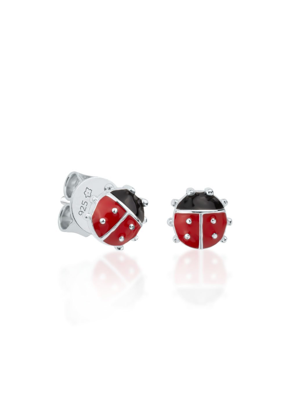 1. Kids' ladybug earrings in rhodium-plated 925 sterling silver by Dondella, shown in close-up