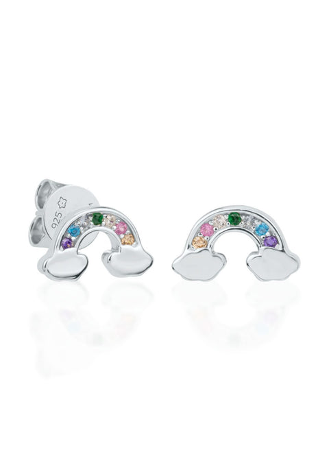 1. Kids' rainbow earrings by Dondella in sterling silver with colorful zircon stones, shown in studio