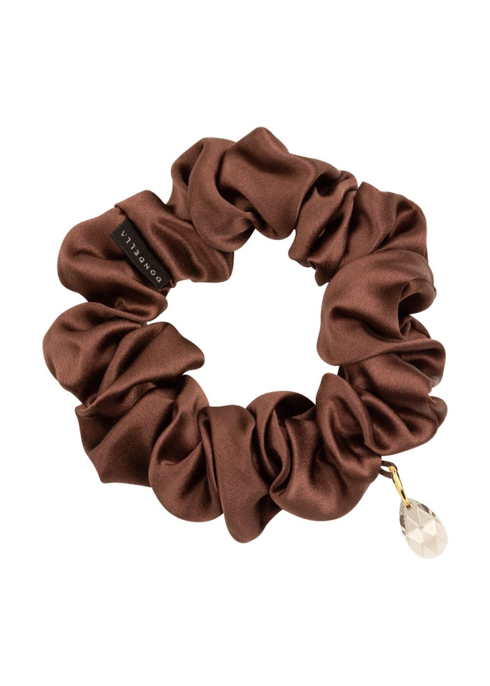 1. Dondella luxury silk scrunchie in rich brown, made from 100% organic Mulberry silk, shown in studio setting