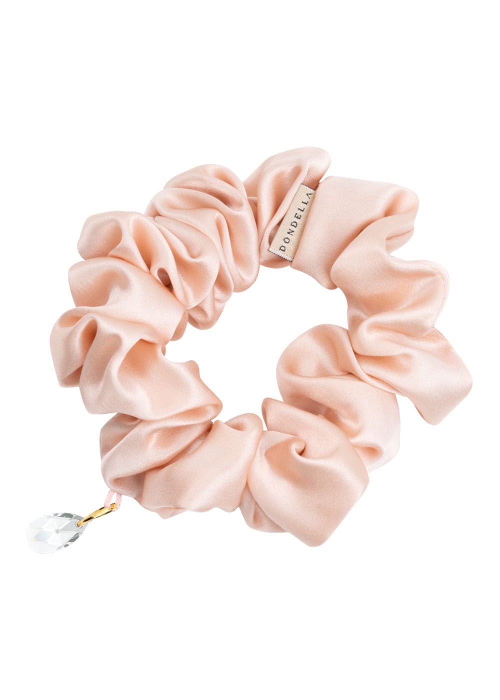 3. Dondella luxury silk scrunchie in rose with crystal detail, shown in studio setting