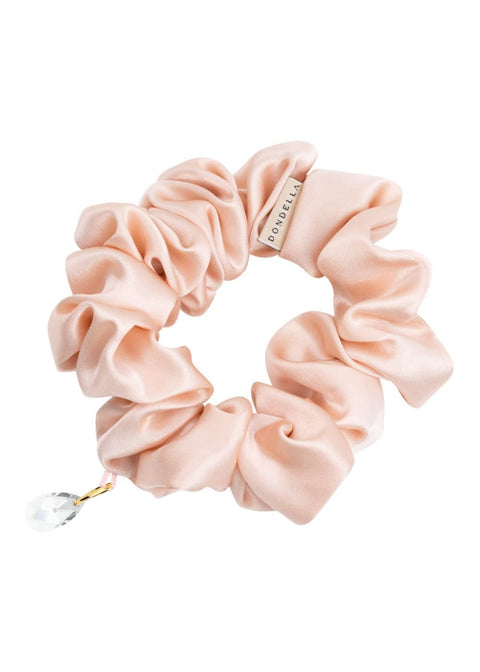1. Dondella Mulberry Silk Scrunchie in Butterfly design, showcasing luxurious organic silk with a soft pink hue and crystal charm, studio shot