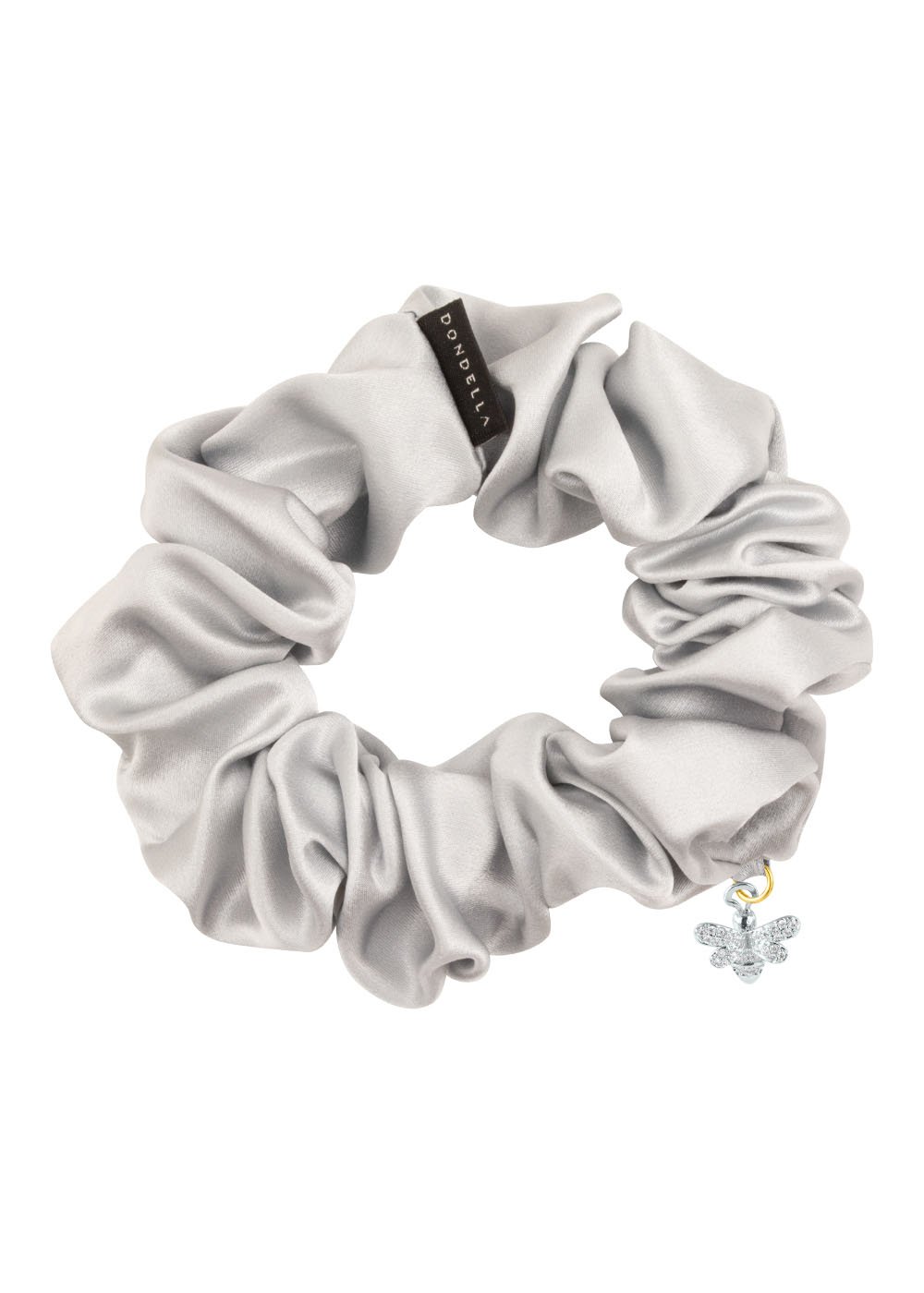1. Dondella Mulberry Silk Scrunchie in silver with bee charm, showcasing luxurious organic silk and eco-friendly design