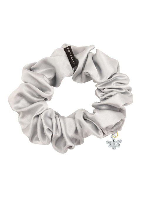 1. Dondella Mulberry Silk Scrunchie in silver with bee charm, showcasing luxurious organic silk and eco-friendly design