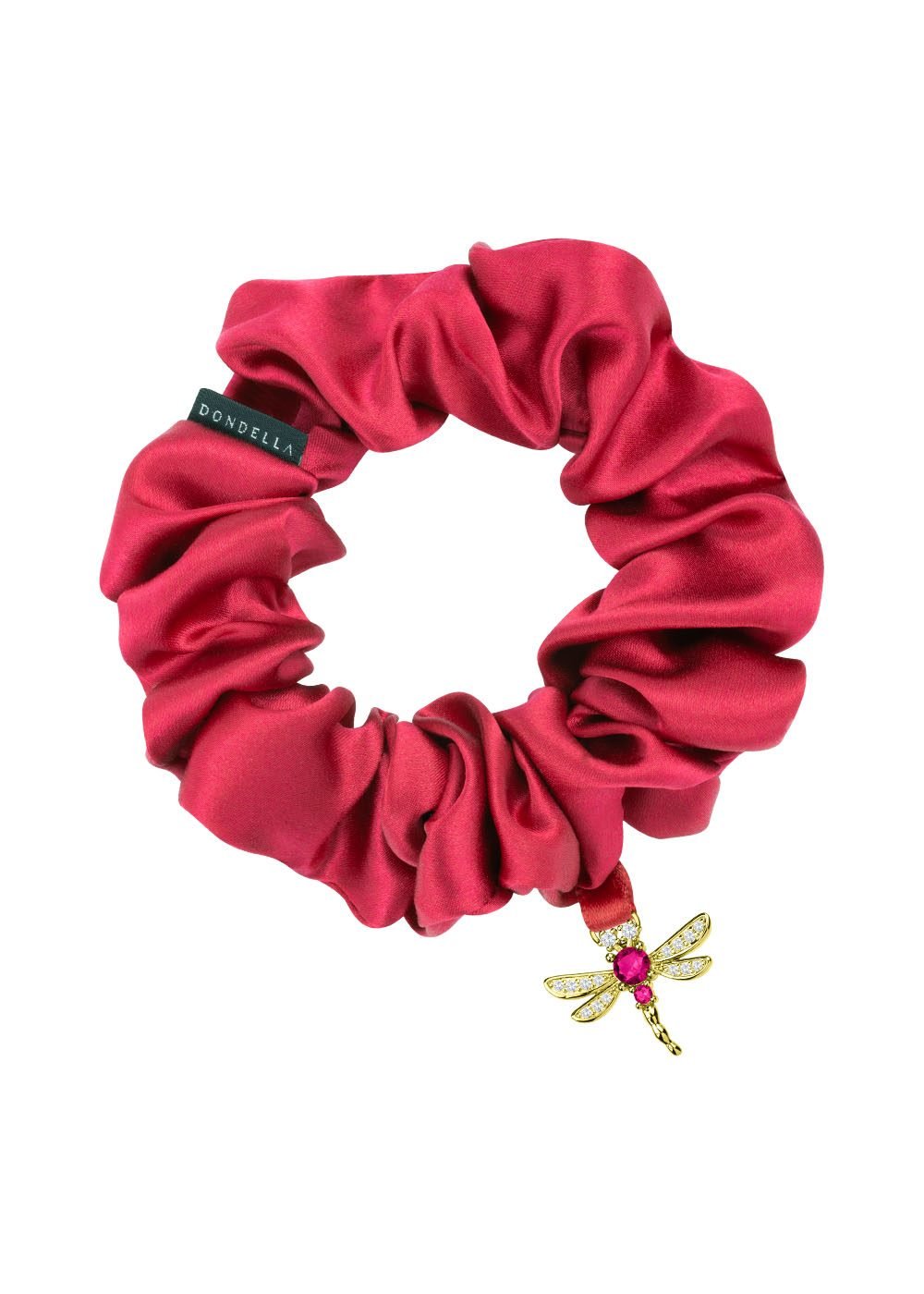 1. Dondella Dragonfly Mulberry Silk Scrunchie in vibrant red with gold dragonfly charm, showcasing luxurious organic silk material