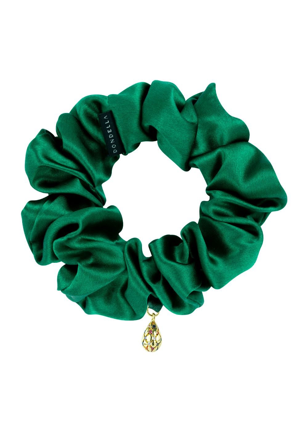 2. Dondella Mulberry Silk Scrunchie in green with crystal adornment, shown in a flat lay