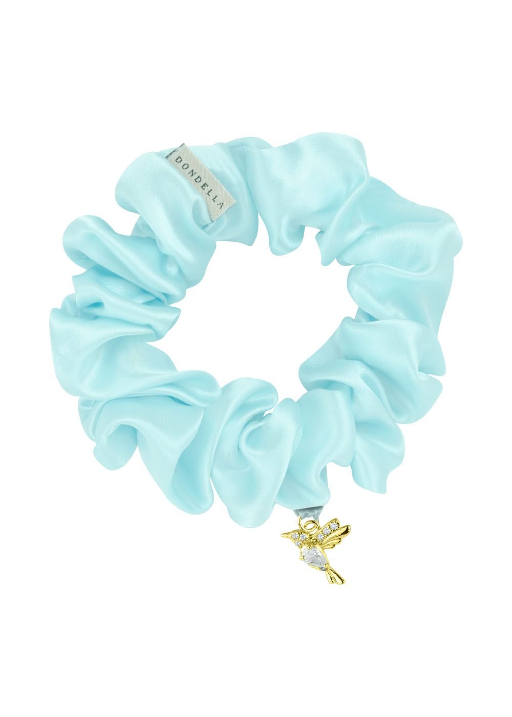 2. Dondella Mulberry Silk Scrunchie in light blue with bird charm, highlighting soft organic silk and sustainable craftsmanship