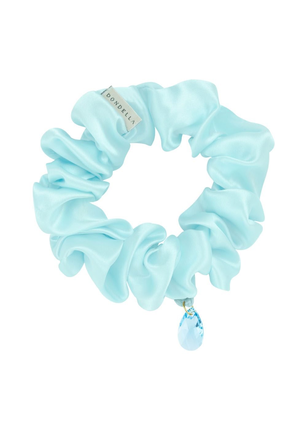 2. Dondella luxury silk scrunchie in aqua with premium crystal detail, made from 100% organic Mulberry silk