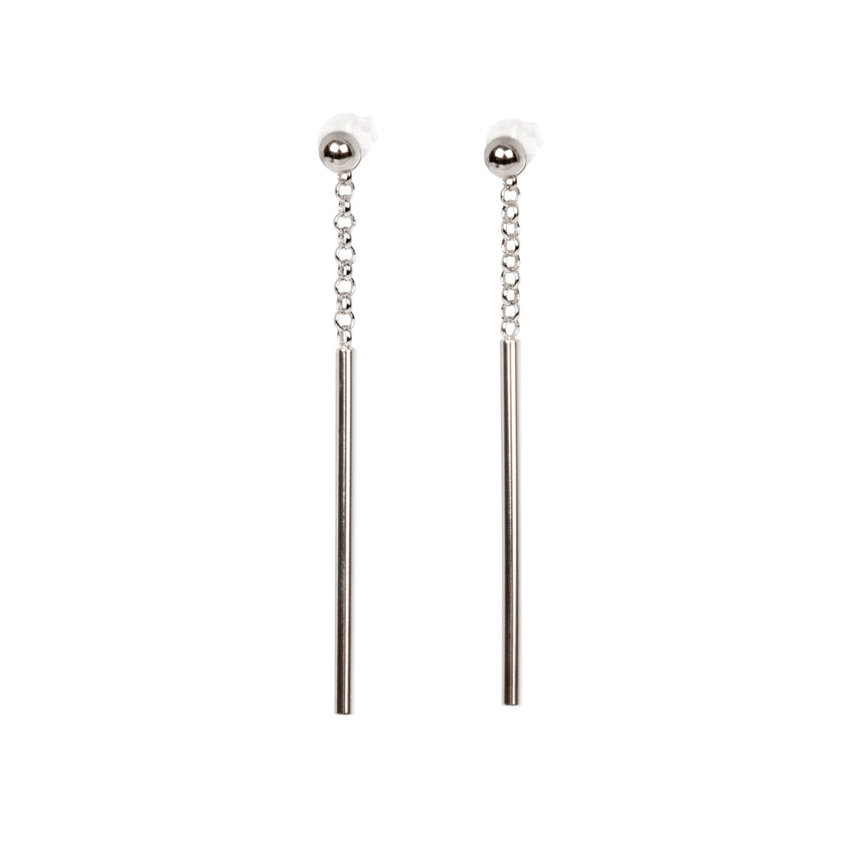 2. Studio image of MyaMoon Dots Falling Earrings in silver, featuring trendy long drop design
