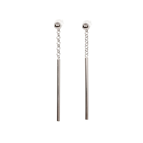 2. Studio image of MyaMoon Dots Falling Earrings in silver, featuring trendy long drop design