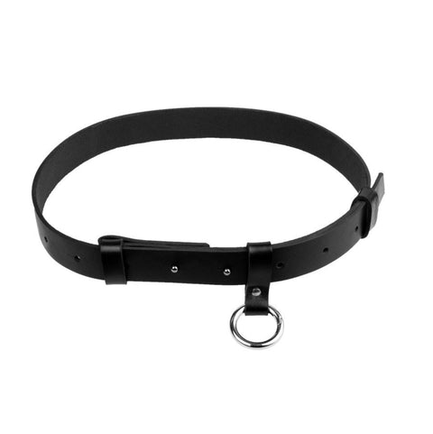 2. Studio image of unisex black leather Elon belt by PYKOK with silver ring and adjustable closure