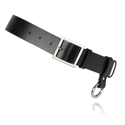 2. Studio image of unisex black leather Oslo belt by PYKOK, showcasing adjustable buckle and O ring snap hook