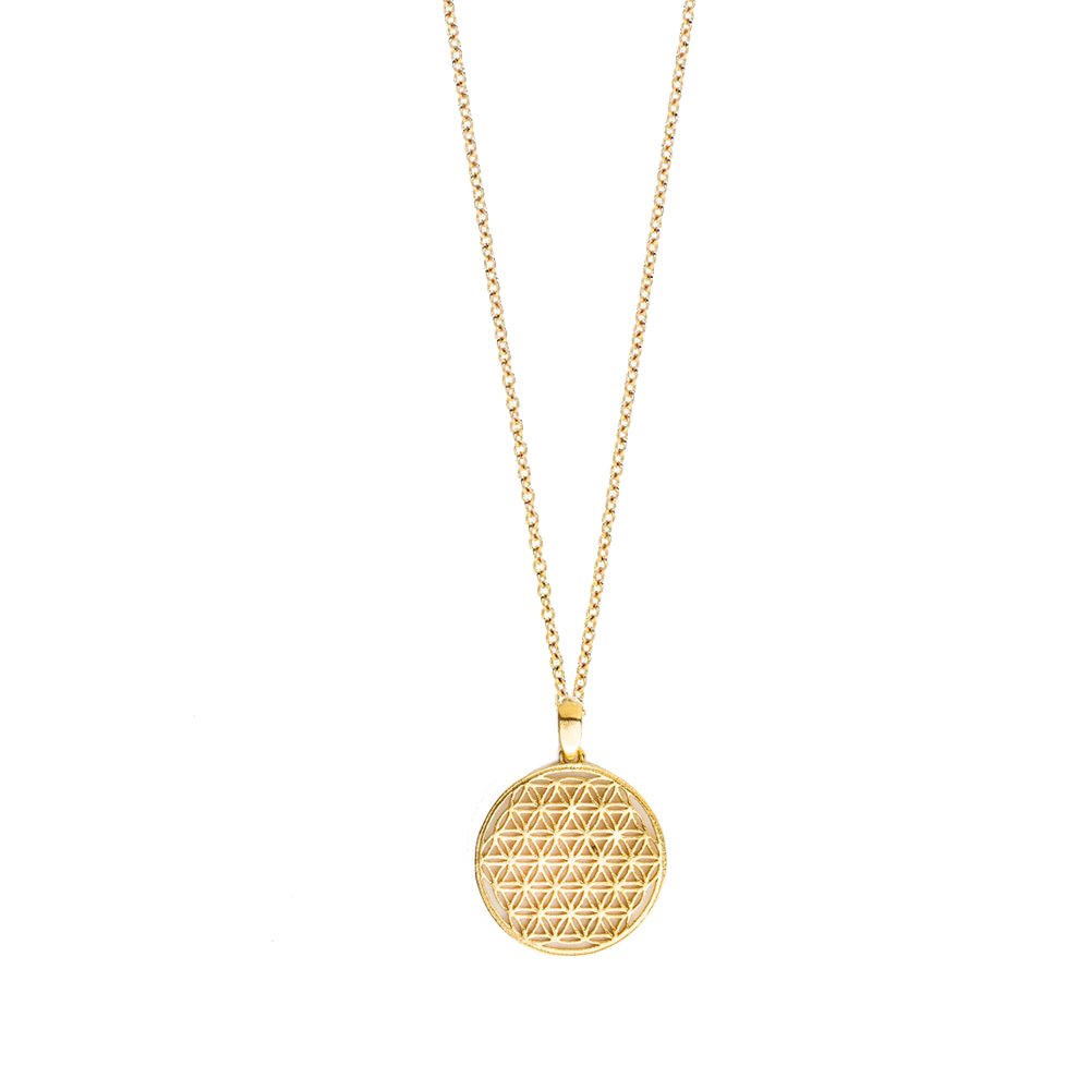 5. Studio image of New Vintage by Kriss Flower Of Life necklace in gold, showcasing intricate detailing