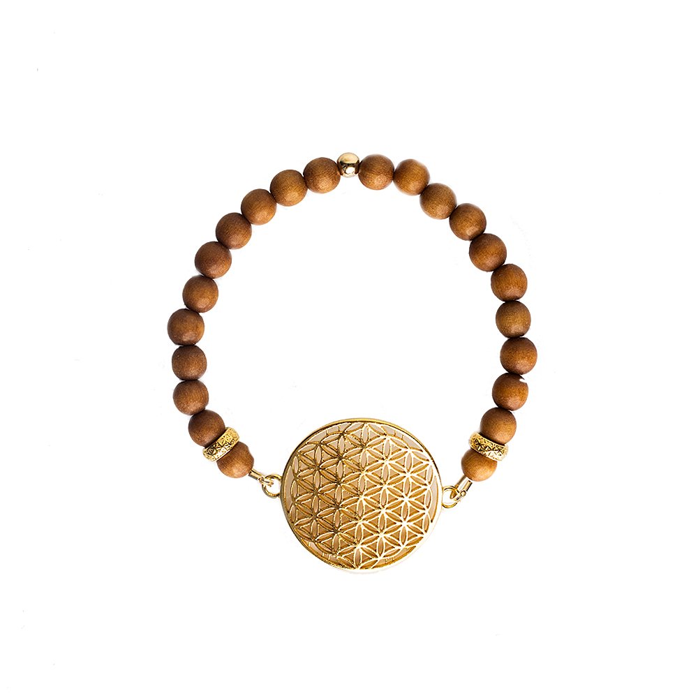 2. New Vintage by Kriss Flower Of Life Bracelet in sandalwood with gold plated silver medallion, studio shot