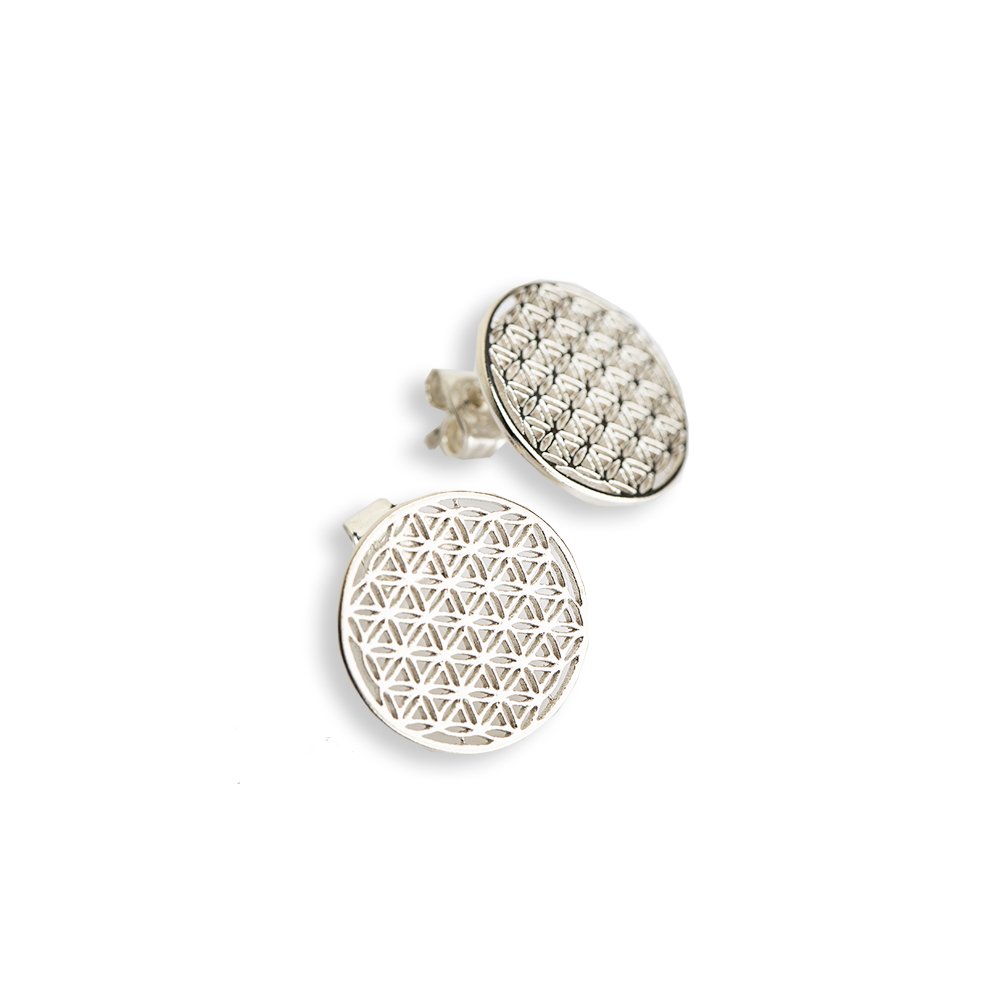 5. New Vintage by Kriss Flower Of Life silver stud earrings, shown in studio