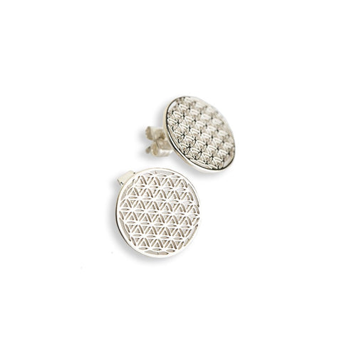 5. New Vintage by Kriss Flower Of Life silver stud earrings, shown in studio