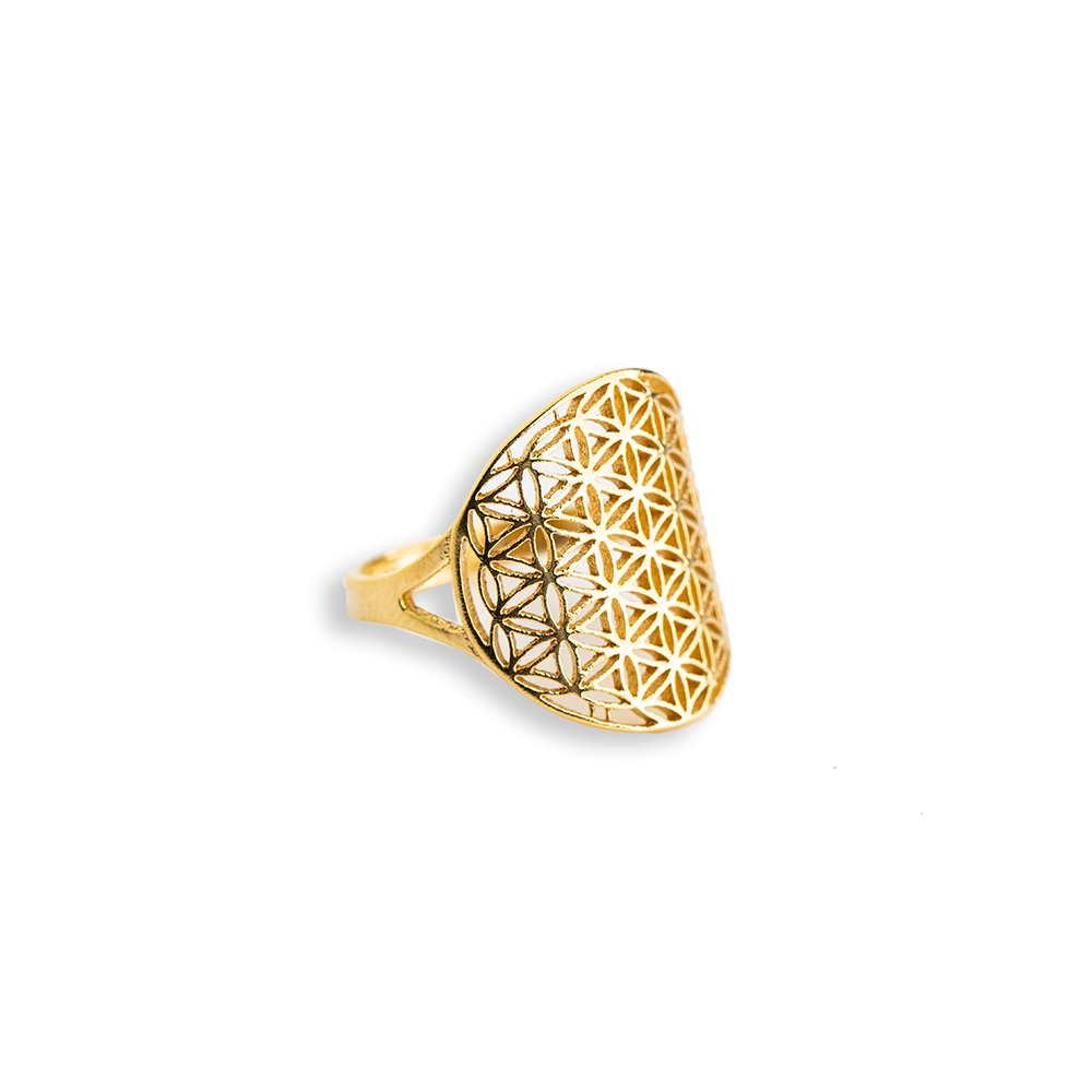8. Studio image of gold Flower Of Life Ring by New Vintage by Kriss, highlighting intricate design