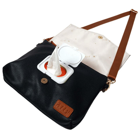 4. Open Ally Scandic Black Coffee handbag with wet wipes pocket, featuring Älly-patterned lining and YKK zippers