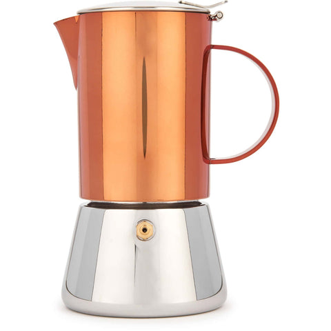 5. Side view of La Cafetière copper and silver stainless steel stovetop coffee maker on white background