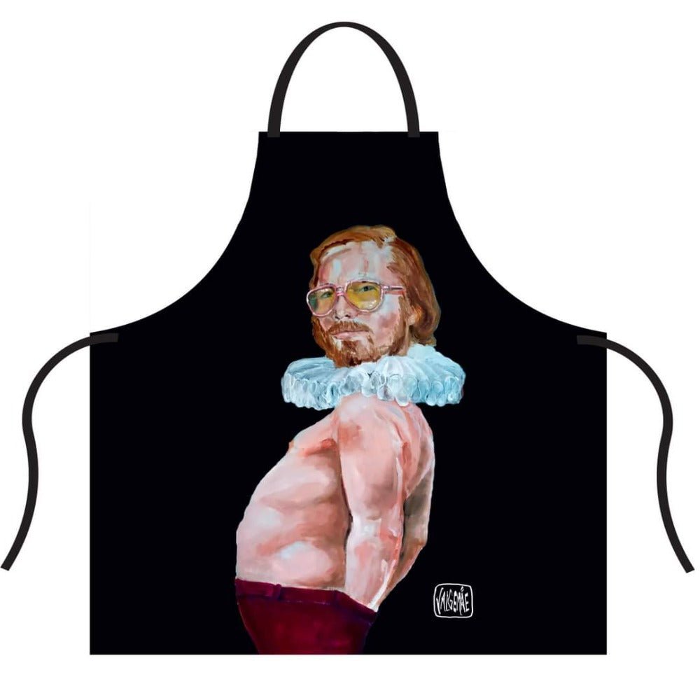 3. Close-up of Katrin Valgemäe's 'Pervert in the Kitchen' apron featuring a pop art style painting on black polyester fabric